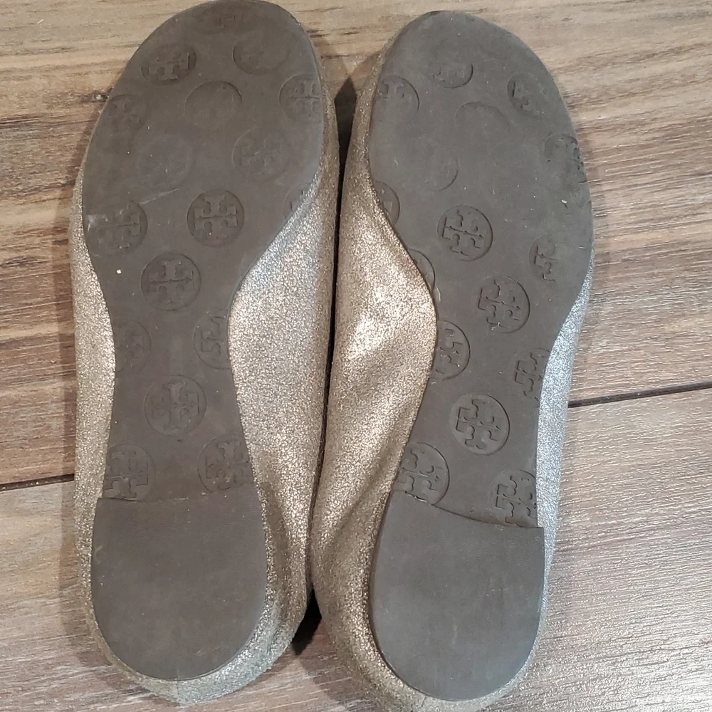 Tory Burch logo Reva Loafer ballet shoes sz 6M Metallic glitter leather